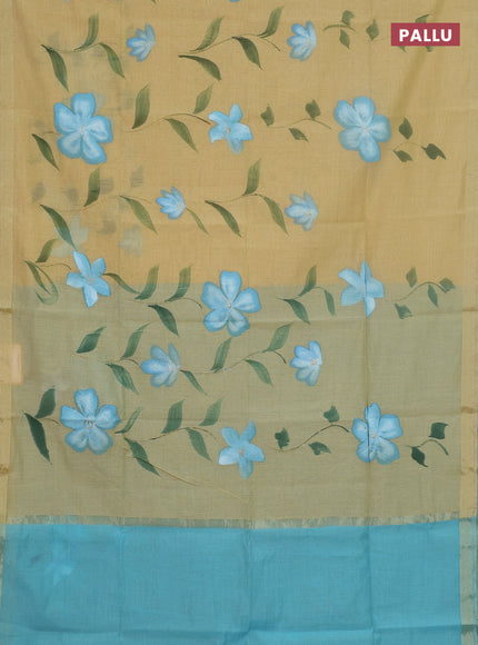 Linen cotton saree sandal and cs blue with floral hand paint prints and zari woven border