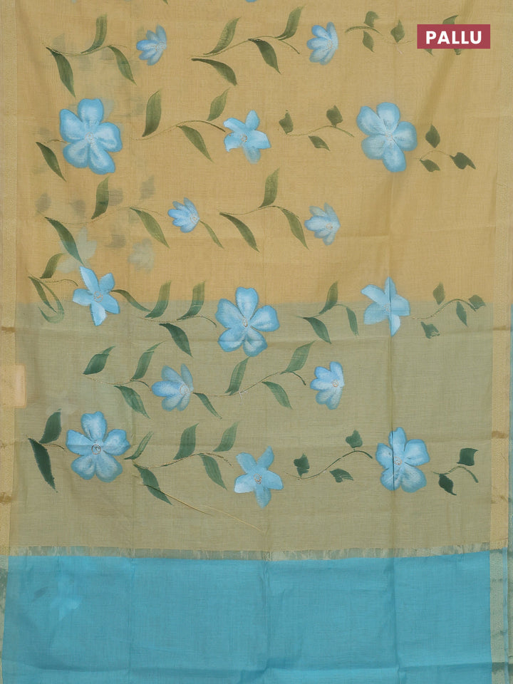 Linen cotton saree sandal and cs blue with floral hand paint prints and zari woven border