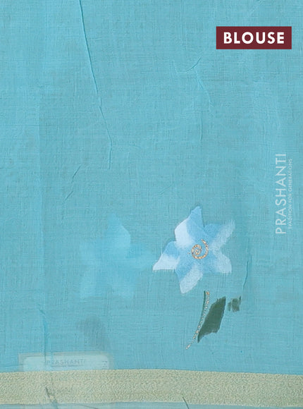 Linen cotton saree sandal and cs blue with floral hand paint prints and zari woven border