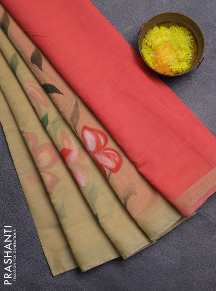 Linen cotton saree sandal and peach shade with floral hand paint prints and zari woven border