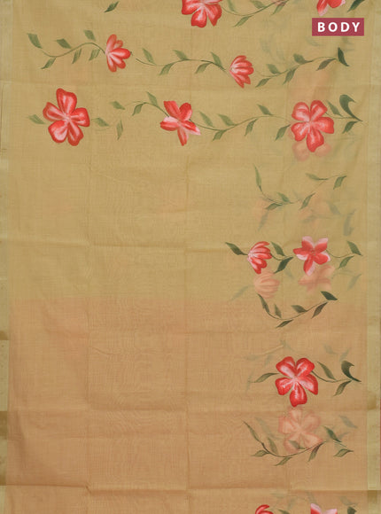 Linen cotton saree sandal and peach shade with floral hand paint prints and zari woven border