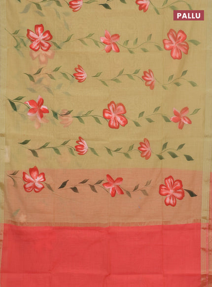 Linen cotton saree sandal and peach shade with floral hand paint prints and zari woven border