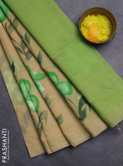Linen cotton saree sandal and light green with floral hand paint prints and zari woven border