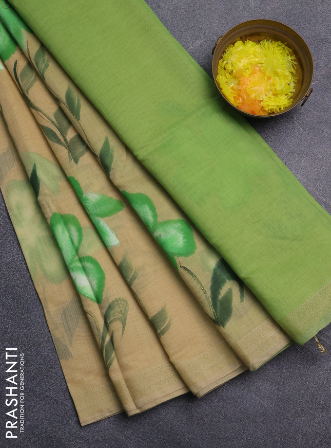 Linen cotton saree sandal and light green with floral hand paint prints and zari woven border