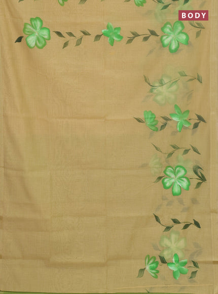 Linen cotton saree sandal and light green with floral hand paint prints and zari woven border