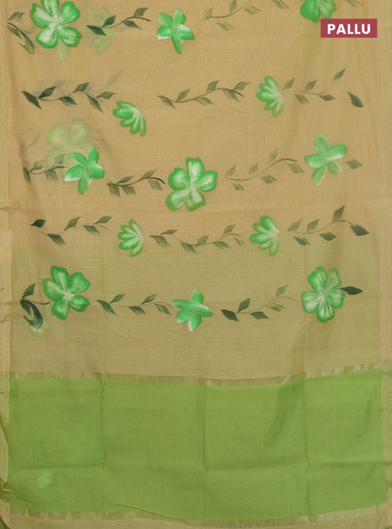 Linen cotton saree sandal and light green with floral hand paint prints and zari woven border