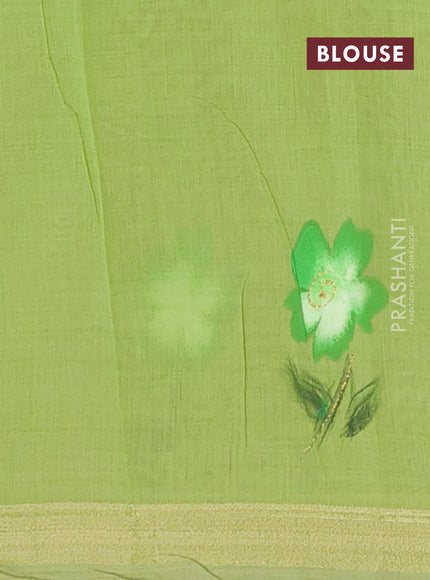 Linen cotton saree sandal and light green with floral hand paint prints and zari woven border
