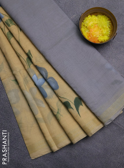 Linen cotton saree sandal and grey with floral hand paint prints and zari woven border