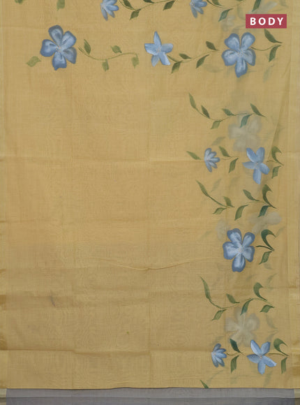 Linen cotton saree sandal and grey with floral hand paint prints and zari woven border