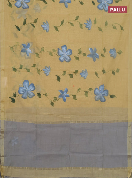 Linen cotton saree sandal and grey with floral hand paint prints and zari woven border