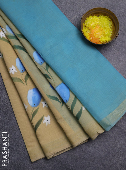 Linen cotton saree sandal and cs blue with floral hand paint prints and zari woven border