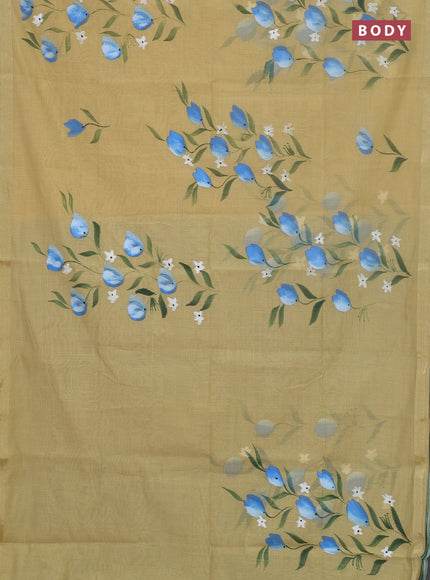 Linen cotton saree sandal and cs blue with floral hand paint prints and zari woven border