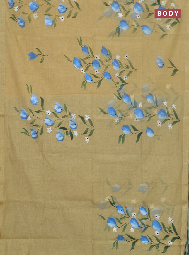 Linen cotton saree sandal and cs blue with floral hand paint prints and zari woven border