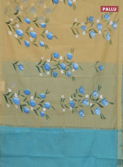 Linen cotton saree sandal and cs blue with floral hand paint prints and zari woven border