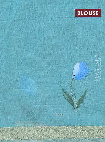 Linen cotton saree sandal and cs blue with floral hand paint prints and zari woven border
