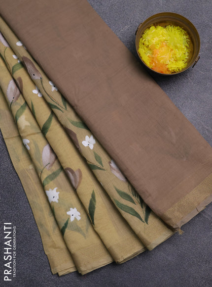 Linen cotton saree sandal and beige with floral hand paint prints and zari woven border