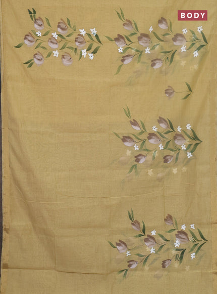 Linen cotton saree sandal and beige with floral hand paint prints and zari woven border