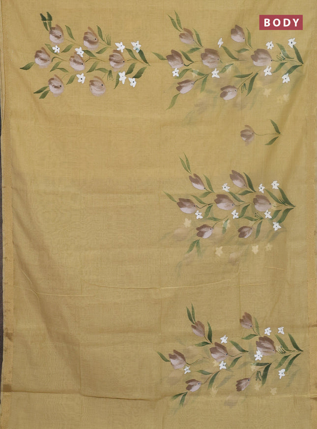 Linen cotton saree sandal and beige with floral hand paint prints and zari woven border