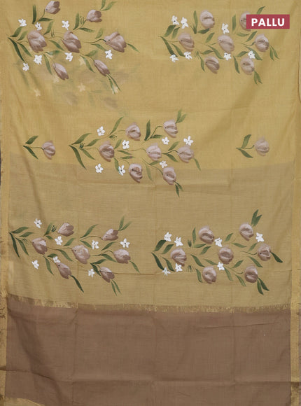 Linen cotton saree sandal and beige with floral hand paint prints and zari woven border