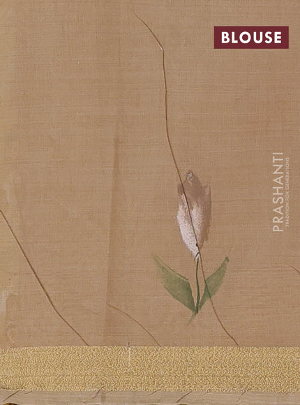 Linen cotton saree sandal and beige with floral hand paint prints and zari woven border