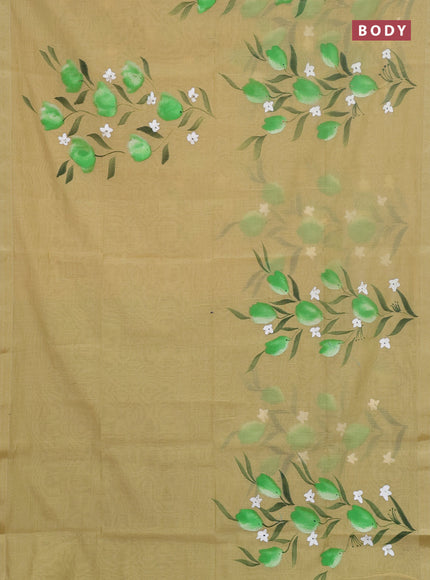 Linen cotton saree sandal and light green with floral hand paint prints and zari woven border
