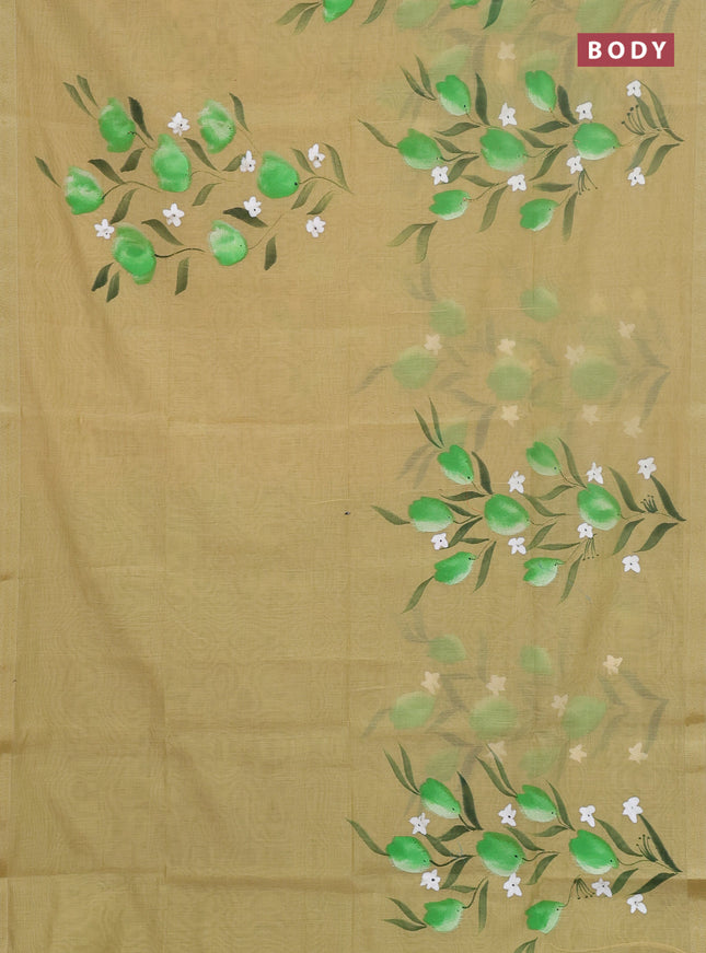 Linen cotton saree sandal and light green with floral hand paint prints and zari woven border