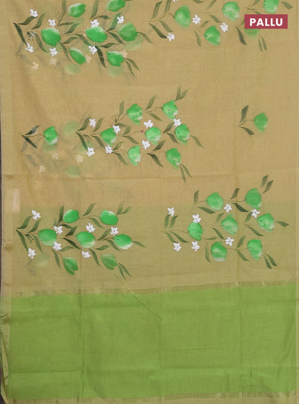 Linen cotton saree sandal and light green with floral hand paint prints and zari woven border