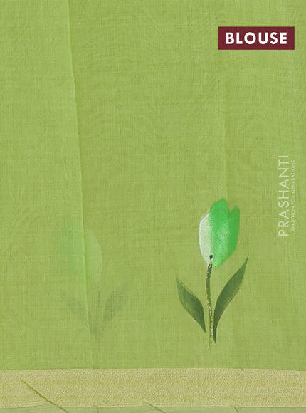 Linen cotton saree sandal and light green with floral hand paint prints and zari woven border