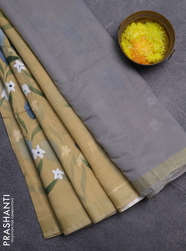 Linen cotton saree sandal and grey with floral hand paint prints and zari woven border
