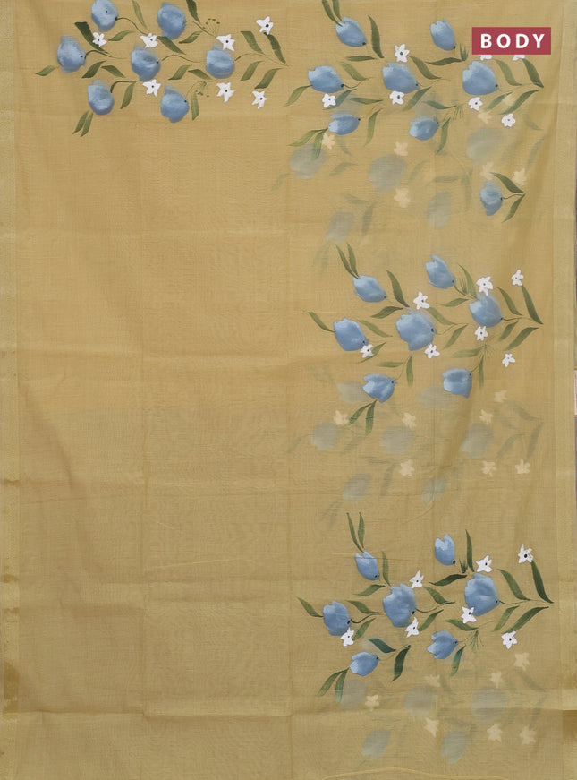 Linen cotton saree sandal and grey with floral hand paint prints and zari woven border