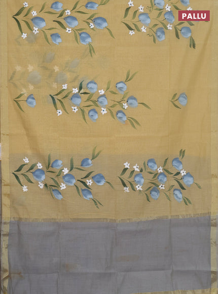 Linen cotton saree sandal and grey with floral hand paint prints and zari woven border