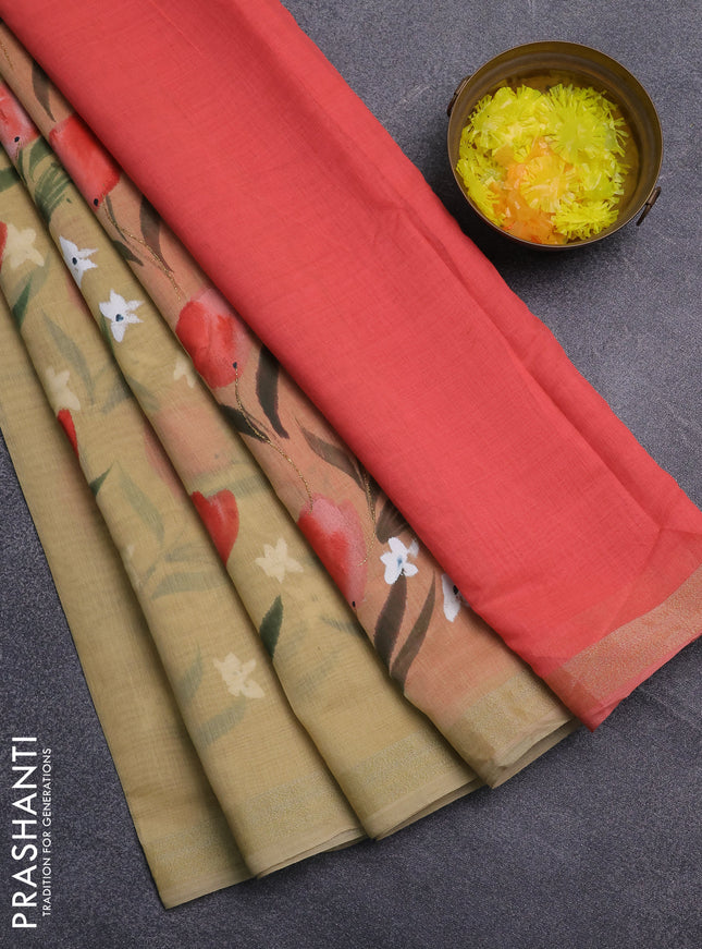 Linen cotton saree sandal and peach shade with floral hand paint prints and zari woven border