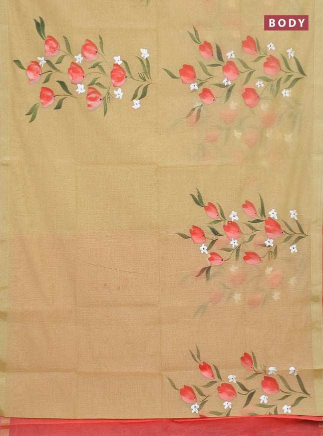 Linen cotton saree sandal and peach shade with floral hand paint prints and zari woven border