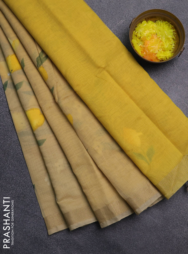 Linen cotton saree sandal and yellow with floral hand paint prints and zari woven border