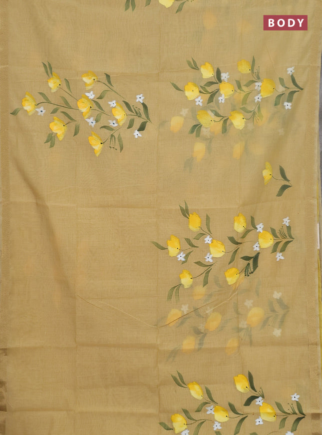 Linen cotton saree sandal and yellow with floral hand paint prints and zari woven border
