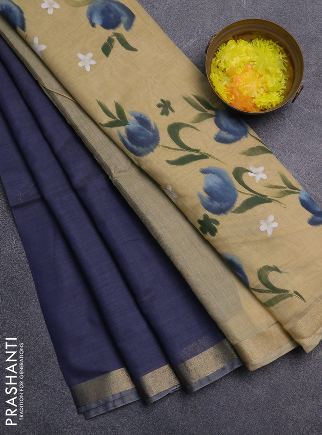 Linen cotton saree sandal and navy blue with plain body and floral hand paint pallu