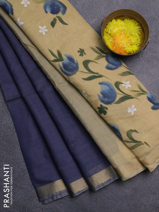 Linen cotton saree sandal and navy blue with plain body and floral hand paint pallu