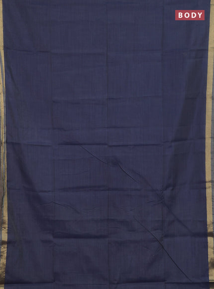 Linen cotton saree sandal and navy blue with plain body and floral hand paint pallu
