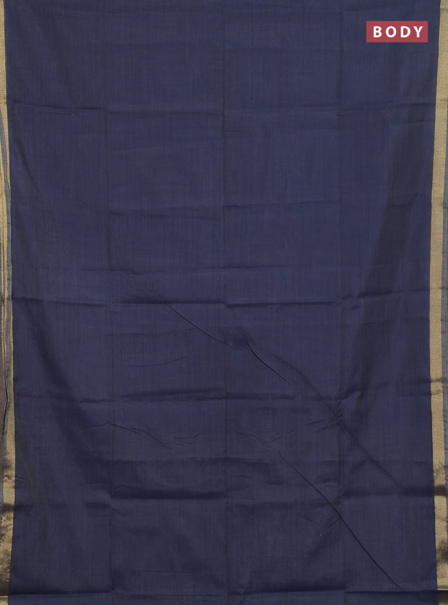 Linen cotton saree sandal and navy blue with plain body and floral hand paint pallu