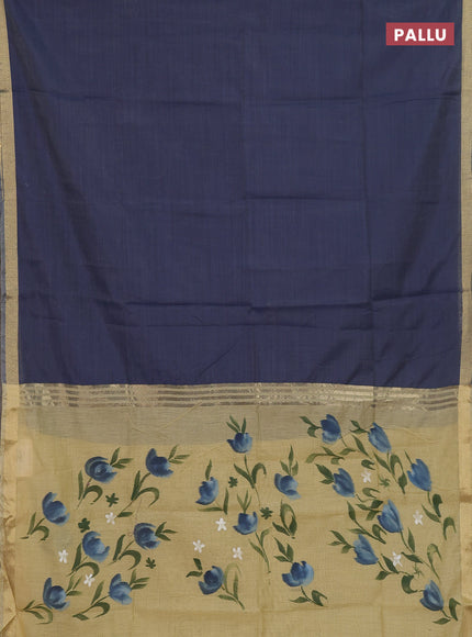 Linen cotton saree sandal and navy blue with plain body and floral hand paint pallu