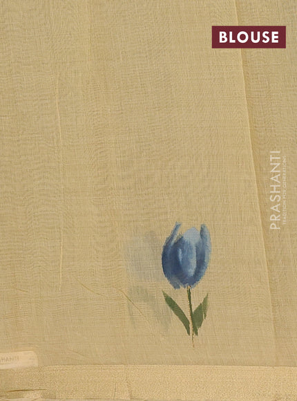 Linen cotton saree sandal and navy blue with plain body and floral hand paint pallu