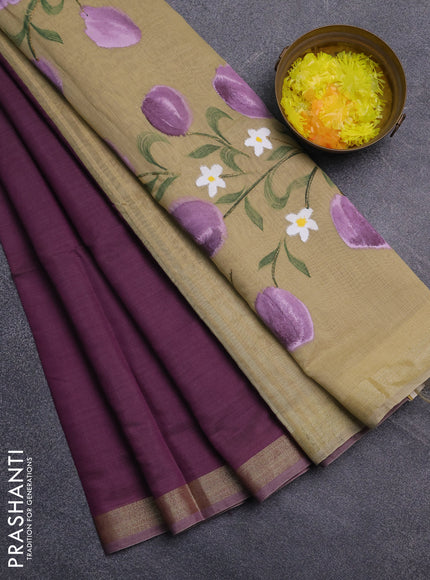 Linen cotton saree sandal and purple with plain body and floral hand paint pallu