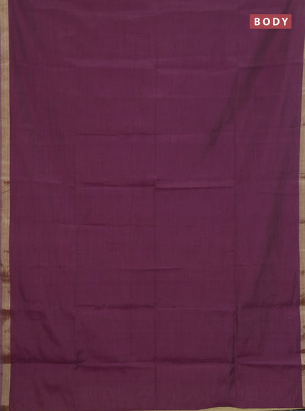 Linen cotton saree sandal and purple with plain body and floral hand paint pallu