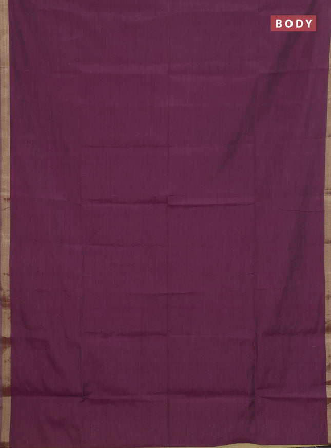 Linen cotton saree sandal and purple with plain body and floral hand paint pallu