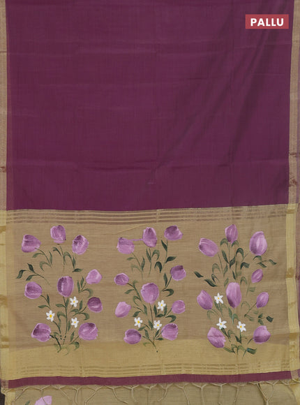 Linen cotton saree sandal and purple with plain body and floral hand paint pallu