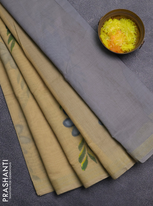Linen cotton saree sandal and grey with floral hand paint prints and zari woven border