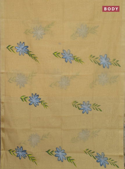 Linen cotton saree sandal and grey with floral hand paint prints and zari woven border