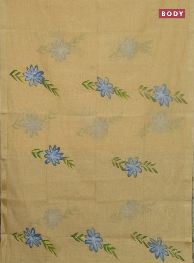 Linen cotton saree sandal and grey with floral hand paint prints and zari woven border