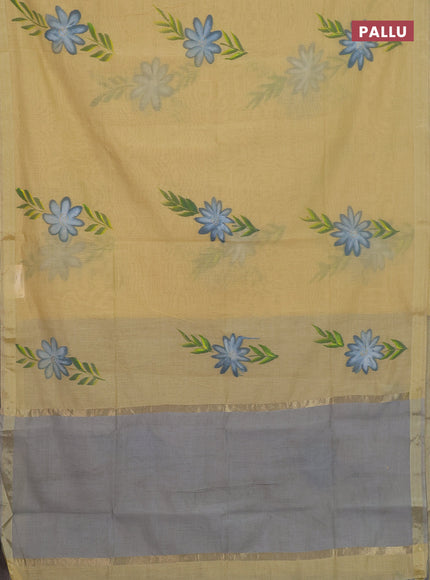 Linen cotton saree sandal and grey with floral hand paint prints and zari woven border