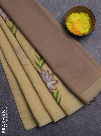 Linen cotton saree sandal and beige with floral hand paint prints and zari woven border